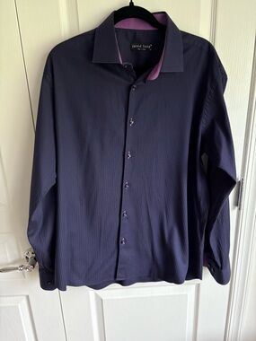 Jared Lang Navy Dress Shirt with Purple Trim size XL
